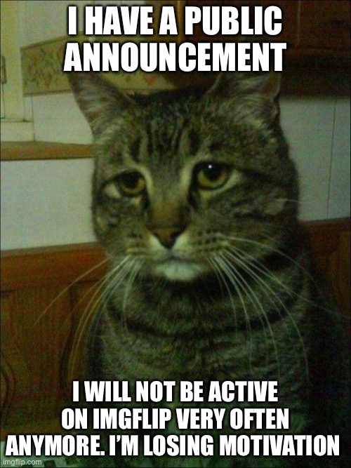 Sorry guys... |  I HAVE A PUBLIC ANNOUNCEMENT; I WILL NOT BE ACTIVE ON IMGFLIP VERY OFTEN ANYMORE. I’M LOSING MOTIVATION | image tagged in memes,depressed cat | made w/ Imgflip meme maker
