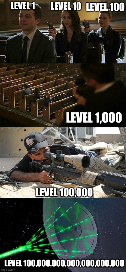 video games are like | LEVEL 10; LEVEL 1; LEVEL 100; LEVEL 1,000; LEVEL 100,000; LEVEL 100,000,000,000,000,000,000 | image tagged in church gun meme expanded | made w/ Imgflip meme maker