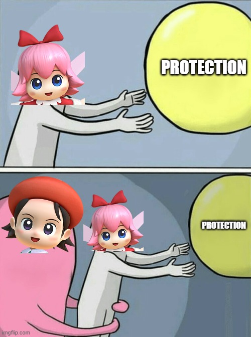 Ribbon needs protection against Adeleine | PROTECTION; PROTECTION | image tagged in memes,running away balloon,kirby,funny | made w/ Imgflip meme maker