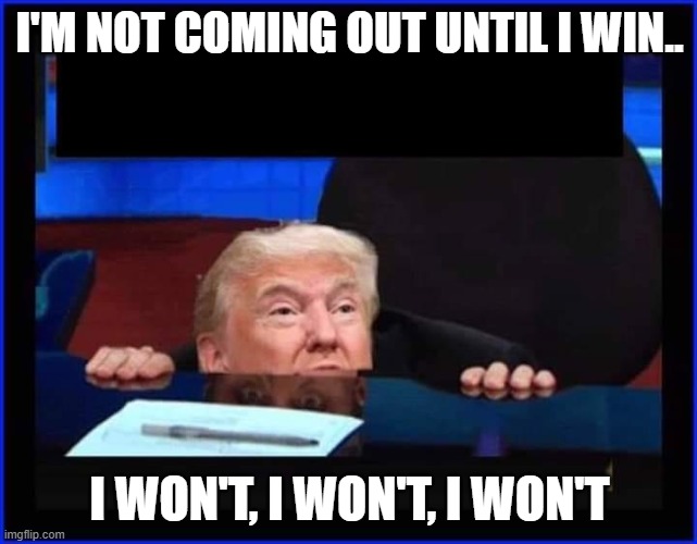 Trump hiding | I'M NOT COMING OUT UNTIL I WIN.. I WON'T, I WON'T, I WON'T | image tagged in trump | made w/ Imgflip meme maker