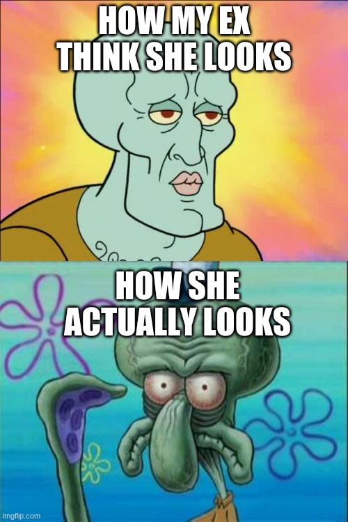 Relatable much? | HOW MY EX THINK SHE LOOKS; HOW SHE ACTUALLY LOOKS | image tagged in memes,squidward,relatable,me irl | made w/ Imgflip meme maker