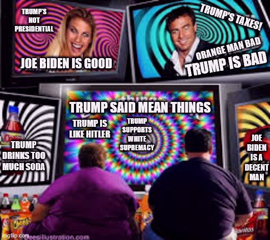 An Idiot Box In Every Living Room | TRUMP'S NOT PRESIDENTIAL; TRUMP'S TAXES! TRUMP IS BAD; ORANGE MAN BAD; JOE BIDEN IS GOOD; JOE BIDEN IS A DECENT MAN; TRUMP SAID MEAN THINGS; TRUMP SUPPORTS WHITE SUPREMACY; TRUMP IS LIKE HITLER; TRUMP DRINKS TOO MUCH SODA | image tagged in biden,trump,election | made w/ Imgflip meme maker