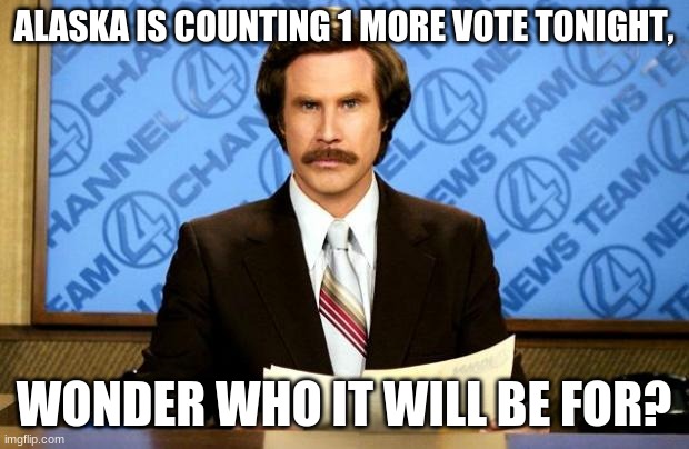 BREAKING NEWS | ALASKA IS COUNTING 1 MORE VOTE TONIGHT, WONDER WHO IT WILL BE FOR? | image tagged in breaking news,alaska | made w/ Imgflip meme maker