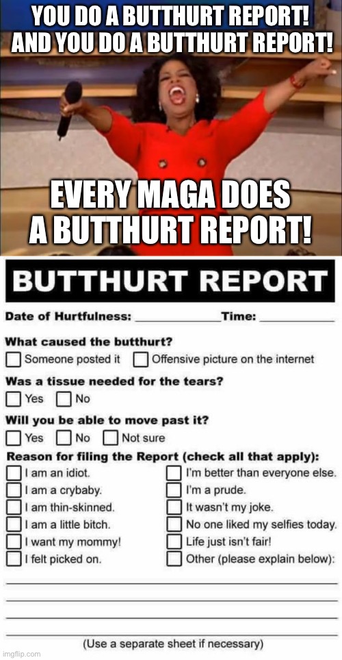 Fill it out in triplicate. | YOU DO A BUTTHURT REPORT!  AND YOU DO A BUTTHURT REPORT! EVERY MAGA DOES A BUTTHURT REPORT! | image tagged in memes,oprah you get a,butthurt report | made w/ Imgflip meme maker