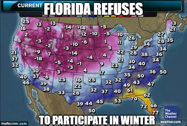 Florida Refuses to Participate in Winter | FLORIDA REFUSES; TO PARTICIPATE IN WINTER | image tagged in funny,florida,winter,weather,usa,united states of america | made w/ Imgflip meme maker