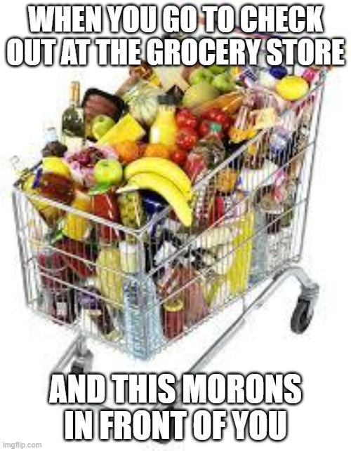I'm filled to the top with food | WHEN YOU GO TO CHECK OUT AT THE GROCERY STORE; AND THIS MORONS IN FRONT OF YOU | image tagged in i'm filled to the top with food | made w/ Imgflip meme maker