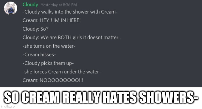 Discord Oc adventures #8 | SO CREAM REALLY HATES SHOWERS- | image tagged in cloudy fox,uwu,cream cat,discord adventures | made w/ Imgflip meme maker