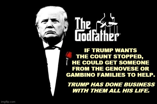 Crooked Donald. For real. | IF TRUMP WANTS THE COUNT STOPPED, 
HE COULD GET SOMEONE FROM THE GENOVESE OR GAMBINO FAMILIES TO HELP. TRUMP HAS DONE BUSINESS WITH THEM ALL HIS LIFE. | image tagged in don trumpo with both the italian and russian mobs,trump,criminal,vote,mafia | made w/ Imgflip meme maker