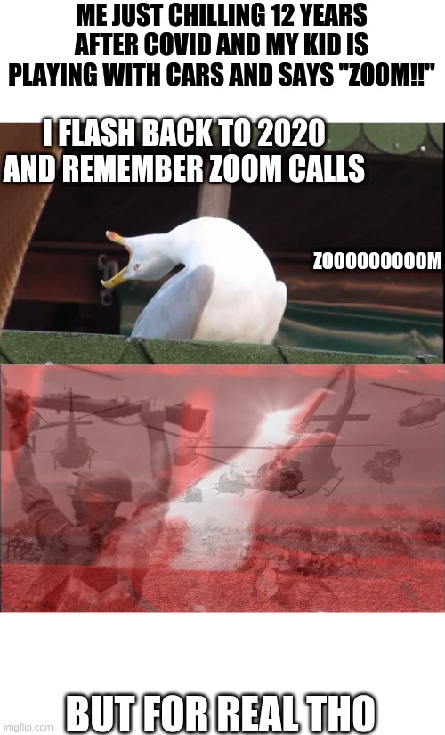 Screaming bird | ME JUST CHILLING 12 YEARS AFTER COVID AND MY KID IS PLAYING WITH CARS AND SAYS ''ZOOM!!''; I FLASH BACK TO 2020 AND REMEMBER ZOOM CALLS; ZOOOOOOOOOM; BUT FOR REAL THO | image tagged in screaming bird,zoom | made w/ Imgflip meme maker