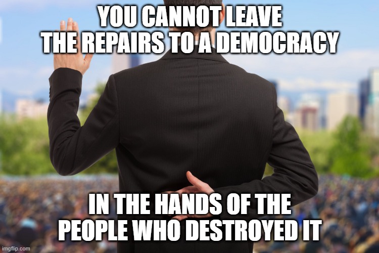 Polyticks | YOU CANNOT LEAVE THE REPAIRS TO A DEMOCRACY; IN THE HANDS OF THE PEOPLE WHO DESTROYED IT | image tagged in corrupt politicians | made w/ Imgflip meme maker