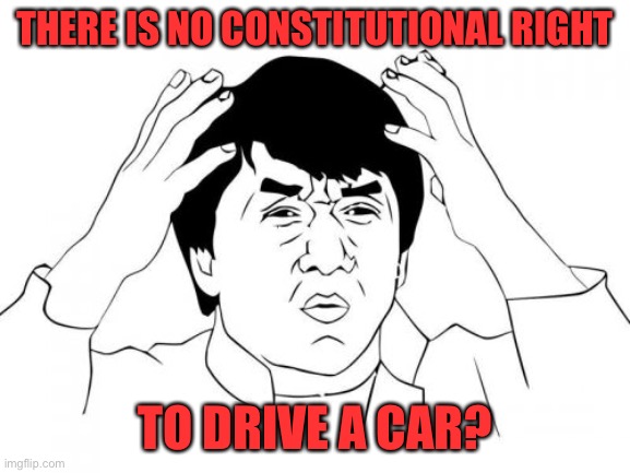 Jackie Chan WTF Meme | THERE IS NO CONSTITUTIONAL RIGHT TO DRIVE A CAR? | image tagged in memes,jackie chan wtf | made w/ Imgflip meme maker