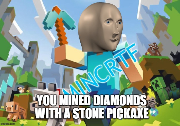 stonks minecraft | YOU MINED DIAMONDS WITH A STONE PICKAXE | image tagged in stonks minecraft,meme man,memes | made w/ Imgflip meme maker