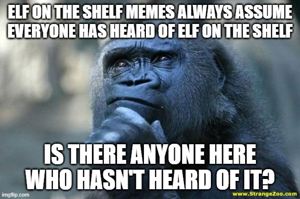 "You've heard of elf on the shelf..." but have you? | ELF ON THE SHELF MEMES ALWAYS ASSUME EVERYONE HAS HEARD OF ELF ON THE SHELF; IS THERE ANYONE HERE WHO HASN'T HEARD OF IT? | image tagged in deep thoughts,memes,elf on the shelf | made w/ Imgflip meme maker