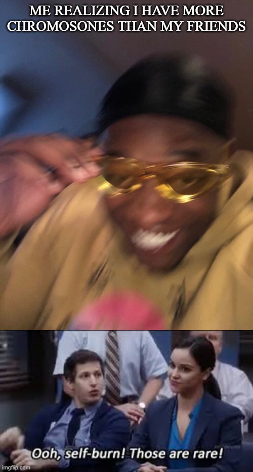 "I'm not sure what chromosomes are, but I'm sure I have more than you do." | ME REALIZING I HAVE MORE CHROMOSONES THAN MY FRIENDS | image tagged in golden glasses black guy | made w/ Imgflip meme maker