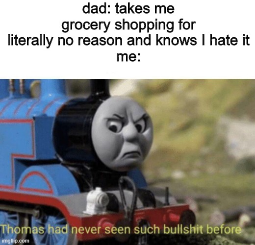 Can I please have a mod lol | dad: takes me grocery shopping for literally no reason and knows I hate it
me: | image tagged in thomas had never seen such bullshit before | made w/ Imgflip meme maker