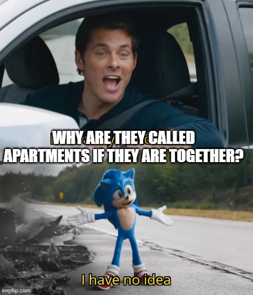 Sonic I have no idea | WHY ARE THEY CALLED APARTMENTS IF THEY ARE TOGETHER? | image tagged in sonic i have no idea | made w/ Imgflip meme maker