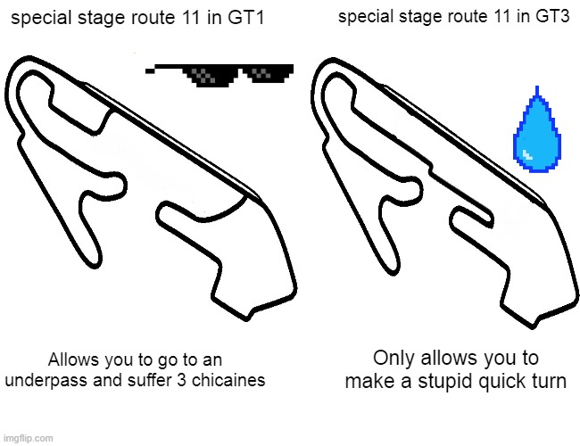 Sony these days | special stage route 11 in GT1; special stage route 11 in GT3; Only allows you to make a stupid quick turn; Allows you to go to an underpass and suffer 3 chicaines | image tagged in gran turismo | made w/ Imgflip meme maker