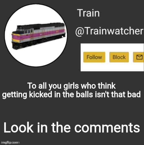 Trainwatcher Announcement | To all you girls who think getting kicked in the balls isn't that bad; Look in the comments | image tagged in trainwatcher announcement | made w/ Imgflip meme maker