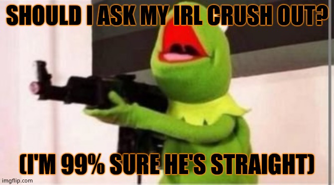 Kermit gunfire | SHOULD I ASK MY IRL CRUSH OUT? (I'M 99% SURE HE'S STRAIGHT) | image tagged in kermit gunfire | made w/ Imgflip meme maker