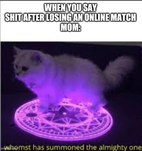 Oops I'm screwed | WHEN YOU SAY SHIT AFTER LOSING AN ONLINE MATCH
MOM: | image tagged in whomst has summoned the almighty one,funny,video games,cats | made w/ Imgflip meme maker