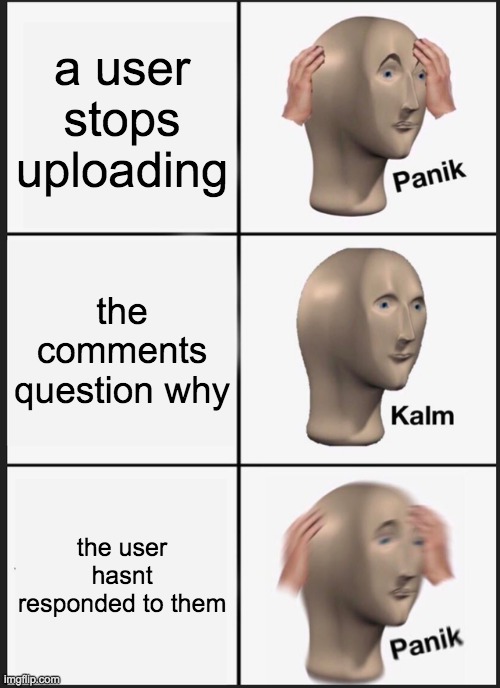 when a user stops uploading | a user stops uploading; the comments question why; the user hasnt responded to them | image tagged in memes,panik kalm panik | made w/ Imgflip meme maker