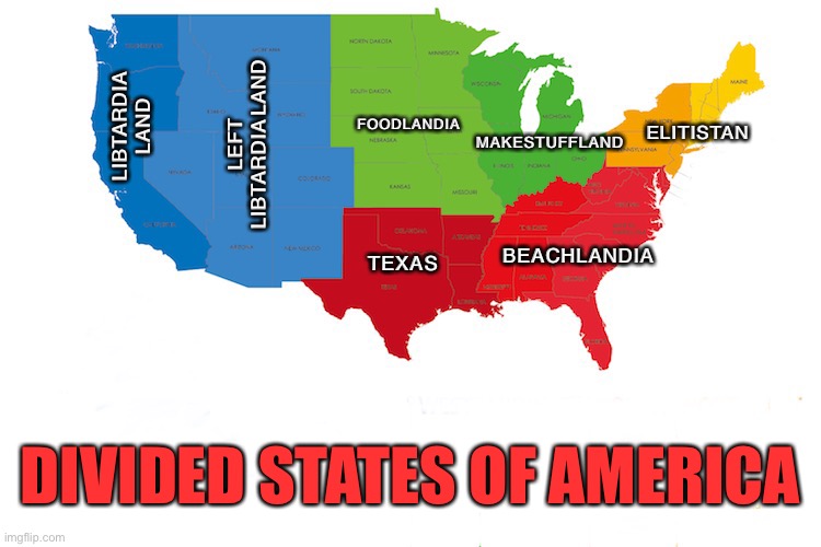 The DSA (Divided States of America) | FOODLANDIA; LIBTARDIA LAND; LEFT LIBTARDIA LAND; ELITISTAN; MAKESTUFFLAND; TEXAS; BEACHLANDIA; DIVIDED STATES OF AMERICA | image tagged in the dsa divided states of america | made w/ Imgflip meme maker