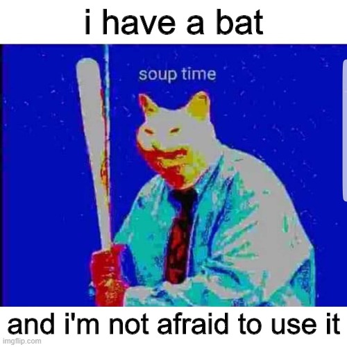 Soup Time Cat | i have a bat; and i'm not afraid to use it | image tagged in soup time cat | made w/ Imgflip meme maker