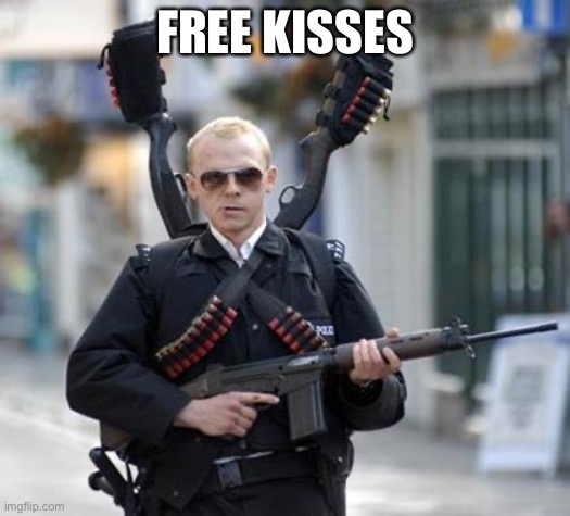 Got pumped up kicks stuck in my head | FREE KISSES | image tagged in guy walking with shotguns movie | made w/ Imgflip meme maker