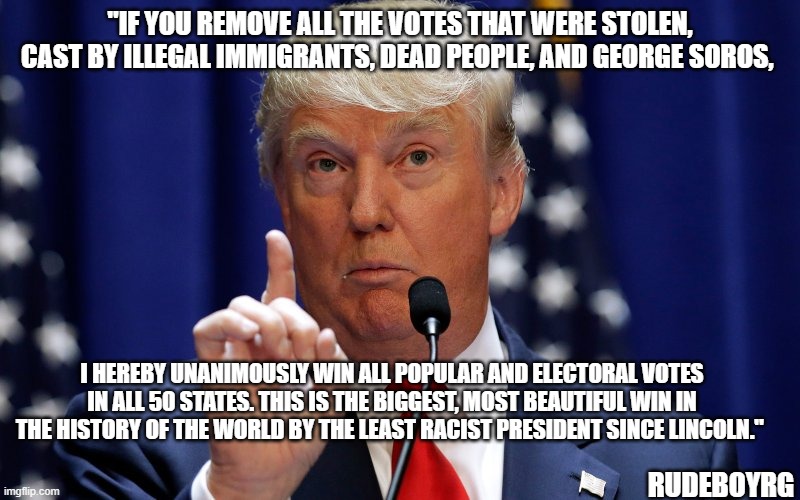 Trump Wins Unanimously | "IF YOU REMOVE ALL THE VOTES THAT WERE STOLEN, CAST BY ILLEGAL IMMIGRANTS, DEAD PEOPLE, AND GEORGE SOROS, I HEREBY UNANIMOUSLY WIN ALL POPULAR AND ELECTORAL VOTES IN ALL 50 STATES. THIS IS THE BIGGEST, MOST BEAUTIFUL WIN IN THE HISTORY OF THE WORLD BY THE LEAST RACIST PRESIDENT SINCE LINCOLN."; RUDEBOYRG | image tagged in donald trump,trump wins,trump wins 2020,trump wins unanimously | made w/ Imgflip meme maker