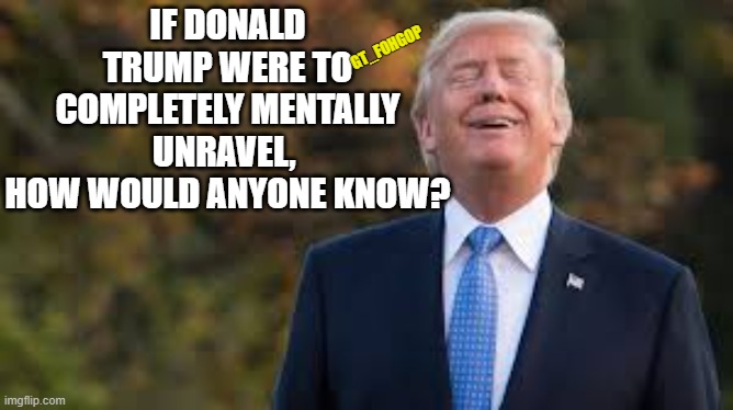 His Hair Would Fall Out... Oh, Wait... | IF DONALD TRUMP WERE TO COMPLETELY MENTALLY UNRAVEL, 
HOW WOULD ANYONE KNOW? GT_FOHGOP | image tagged in donald trump,mental illness,crazy trump,politics lol | made w/ Imgflip meme maker
