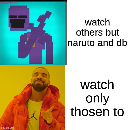 Drake Hotline Bling Meme | watch others but naruto and db watch only thosen to | image tagged in memes,drake hotline bling | made w/ Imgflip meme maker