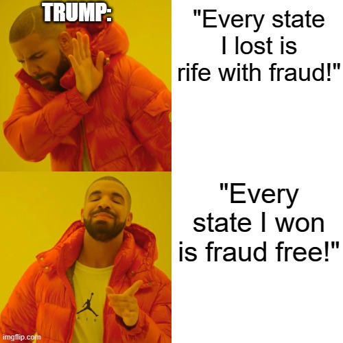 One Term Donnie | TRUMP:; "Every state I lost is rife with fraud!"; "Every state I won is fraud free!" | image tagged in memes,drake hotline bling,trump,2020 elections,joe biden | made w/ Imgflip meme maker
