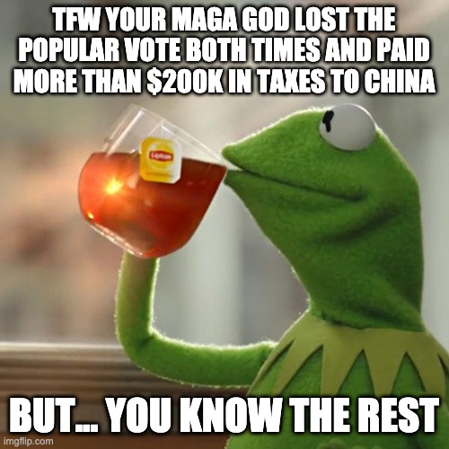 But That's None Of My Business Meme | TFW YOUR MAGA GOD LOST THE POPULAR VOTE BOTH TIMES AND PAID MORE THAN $200K IN TAXES TO CHINA BUT... YOU KNOW THE REST | image tagged in memes,but that's none of my business,kermit the frog | made w/ Imgflip meme maker