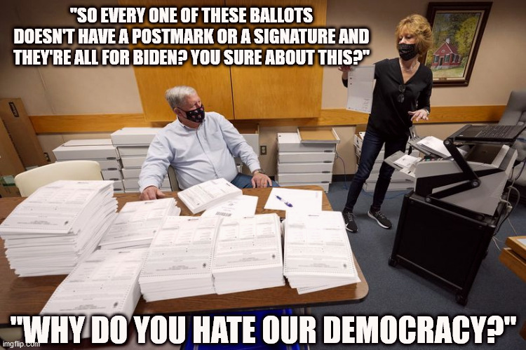 Democrats' Idea of "Democracy" | "SO EVERY ONE OF THESE BALLOTS DOESN'T HAVE A POSTMARK OR A SIGNATURE AND THEY'RE ALL FOR BIDEN? YOU SURE ABOUT THIS?"; "WHY DO YOU HATE OUR DEMOCRACY?" | image tagged in biden,trump,election | made w/ Imgflip meme maker