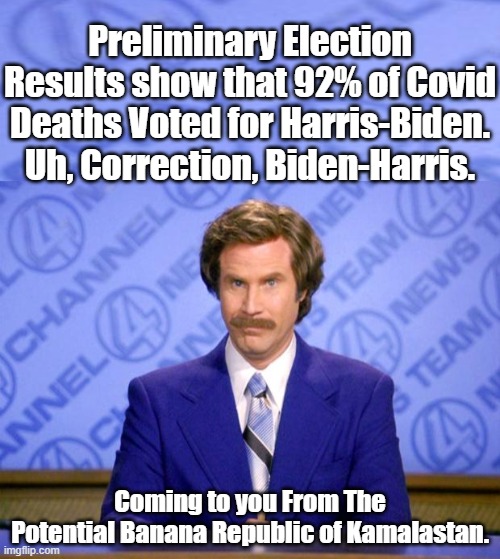 How Can You Vote Joe Who lacks the Mental Faculty to be President of The United States and yet still think yourself Intelligent? | Preliminary Election Results show that 92% of Covid Deaths Voted for Harris-Biden.
Uh, Correction, Biden-Harris. Coming to you From The Potential Banana Republic of Kamalastan. | image tagged in 92 percent of covid deaths voting democrat,if you cant win cheat,rule number 1,for democrats | made w/ Imgflip meme maker