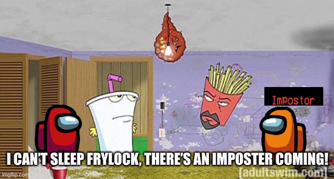There’s an imposter among the Aqua Teens | I CAN’T SLEEP FRYLOCK, THERE’S AN IMPOSTER COMING! | image tagged in athf,aqua teen hunger force,among us,memes | made w/ Imgflip meme maker