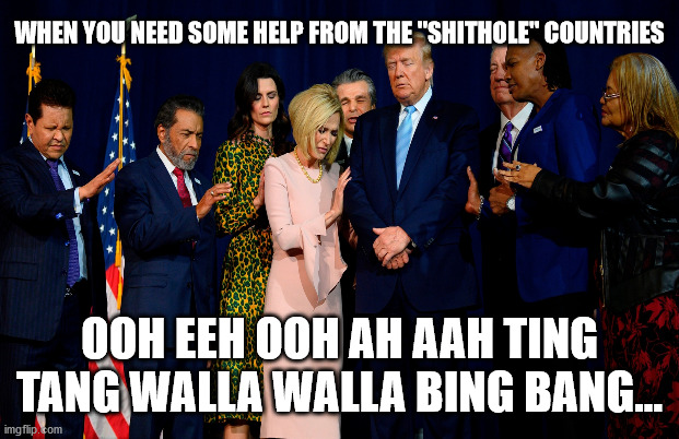 I called the witch Dr... | WHEN YOU NEED SOME HELP FROM THE "SHITHOLE" COUNTRIES; OOH EEH OOH AH AAH TING TANG WALLA WALLA BING BANG... | image tagged in trump,biden,election2020,paulawhite,irony | made w/ Imgflip meme maker