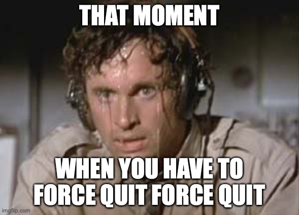 Sweaty | THAT MOMENT; WHEN YOU HAVE TO FORCE QUIT FORCE QUIT | image tagged in sweaty | made w/ Imgflip meme maker