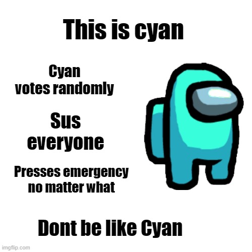 Among Us Crewmate | This is cyan; Cyan votes randomly; Sus everyone; Presses emergency no matter what; Dont be like Cyan | image tagged in among us meeting | made w/ Imgflip meme maker
