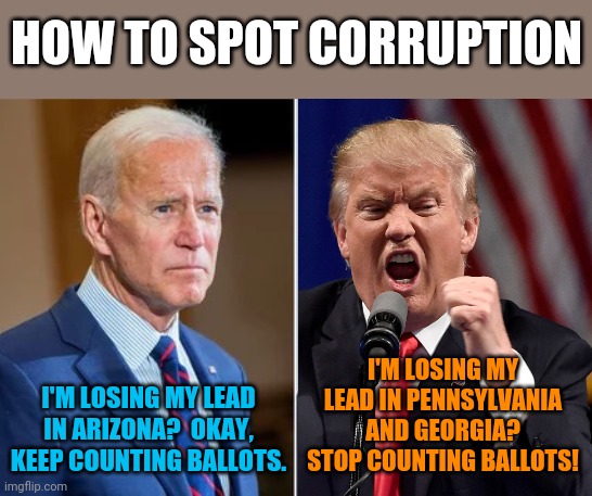 HOW TO SPOT CORRUPTION; I'M LOSING MY LEAD IN PENNSYLVANIA AND GEORGIA?
STOP COUNTING BALLOTS! I'M LOSING MY LEAD IN ARIZONA?  OKAY, KEEP COUNTING BALLOTS. | image tagged in trump biden | made w/ Imgflip meme maker