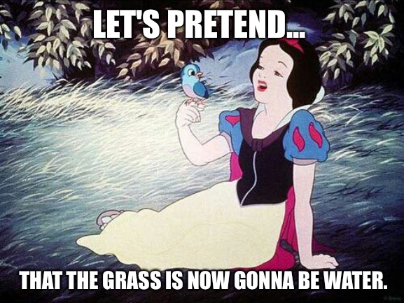 Let's pretend... | LET'S PRETEND... THAT THE GRASS IS NOW GONNA BE WATER. | image tagged in burp snow white | made w/ Imgflip meme maker