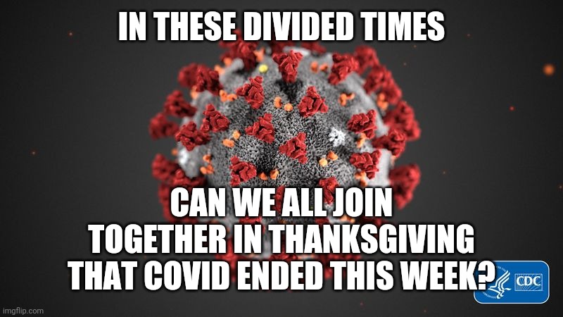 COVID Ended | IN THESE DIVIDED TIMES; CAN WE ALL JOIN TOGETHER IN THANKSGIVING THAT COVID ENDED THIS WEEK? | image tagged in covid-19,pandemic,2020 elections,funny,memes | made w/ Imgflip meme maker