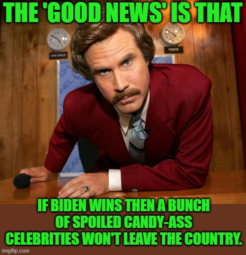 "Good news" if you can call it that! | THE 'GOOD NEWS' IS THAT; IF BIDEN WINS THEN A BUNCH OF SPOILED CANDY-ASS CELEBRITIES WON'T LEAVE THE COUNTRY. | image tagged in ron b,biden,election 2020 | made w/ Imgflip meme maker