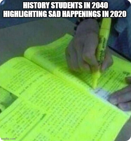 Rare photo | HISTORY STUDENTS IN 2040 HIGHLIGHTING SAD HAPPENINGS IN 2020 | image tagged in highlight | made w/ Imgflip meme maker