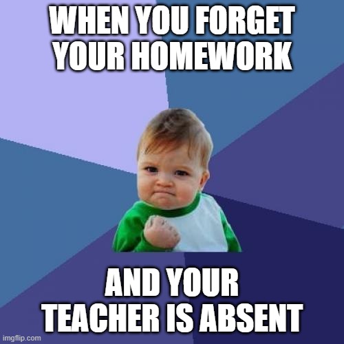 Sucess | WHEN YOU FORGET YOUR HOMEWORK; AND YOUR TEACHER IS ABSENT | image tagged in memes,success kid | made w/ Imgflip meme maker