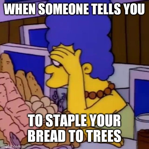 WHEN SOMEONE TELLS YOU; TO STAPLE YOUR BREAD TO TREES | image tagged in memes | made w/ Imgflip meme maker