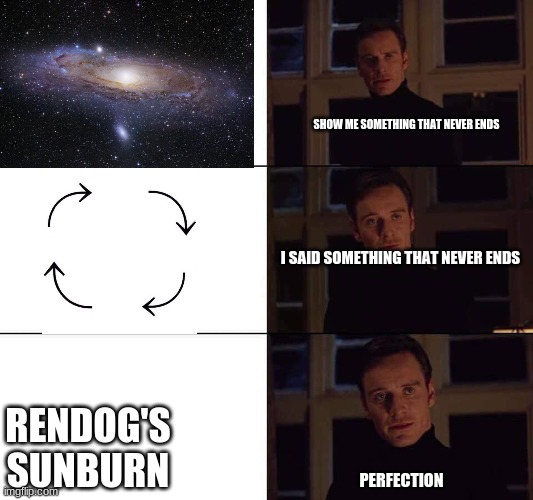 I want the real | SHOW ME SOMETHING THAT NEVER ENDS; I SAID SOMETHING THAT NEVER ENDS; RENDOG'S SUNBURN; PERFECTION | image tagged in i want the real | made w/ Imgflip meme maker