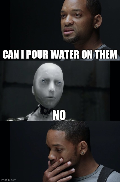 I Robot Will Smith | CAN I POUR WATER ON THEM NO | image tagged in i robot will smith | made w/ Imgflip meme maker