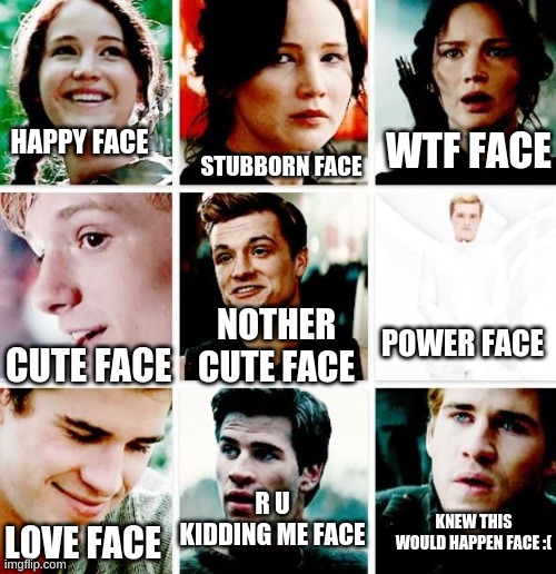 peeta, katniss, gale | STUBBORN FACE; WTF FACE; HAPPY FACE; NOTHER CUTE FACE; POWER FACE; CUTE FACE; R U KIDDING ME FACE; KNEW THIS WOULD HAPPEN FACE :(; LOVE FACE | image tagged in peeta katniss gale faces | made w/ Imgflip meme maker