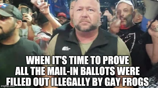 Gay Frog Ballots | WHEN IT'S TIME TO PROVE ALL THE MAIL-IN BALLOTS WERE FILLED OUT ILLEGALLY BY GAY FROGS | image tagged in election 2020,alex jones,politics,voting | made w/ Imgflip meme maker